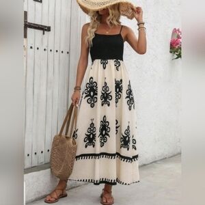 Black and Cream Print Maxi Dress Adjustable Straps